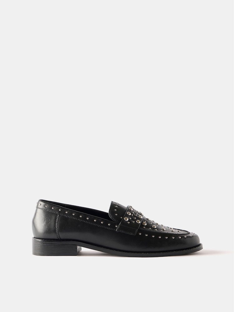 Mint Velvet Black Leather Studded Penny Loafers - Image 1 of 2