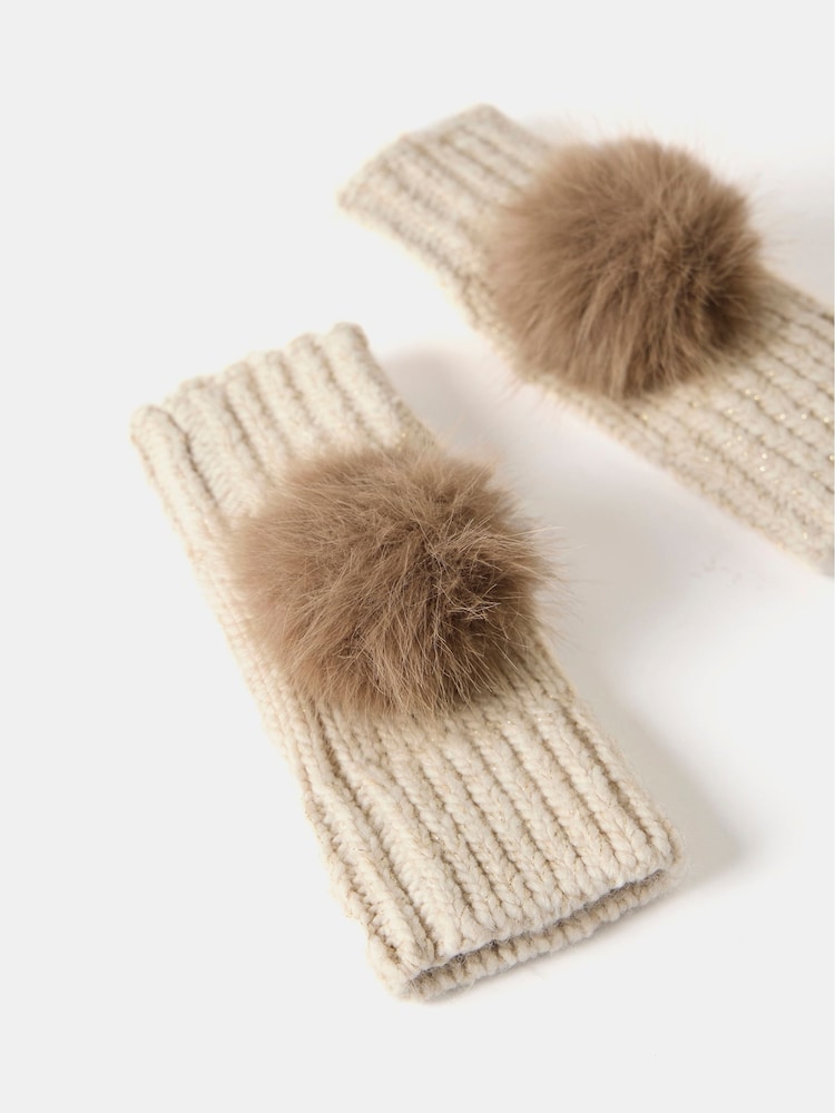 Mint Velvet Brown Knit Pom Pom Hand Warmers - Image 2 of 3