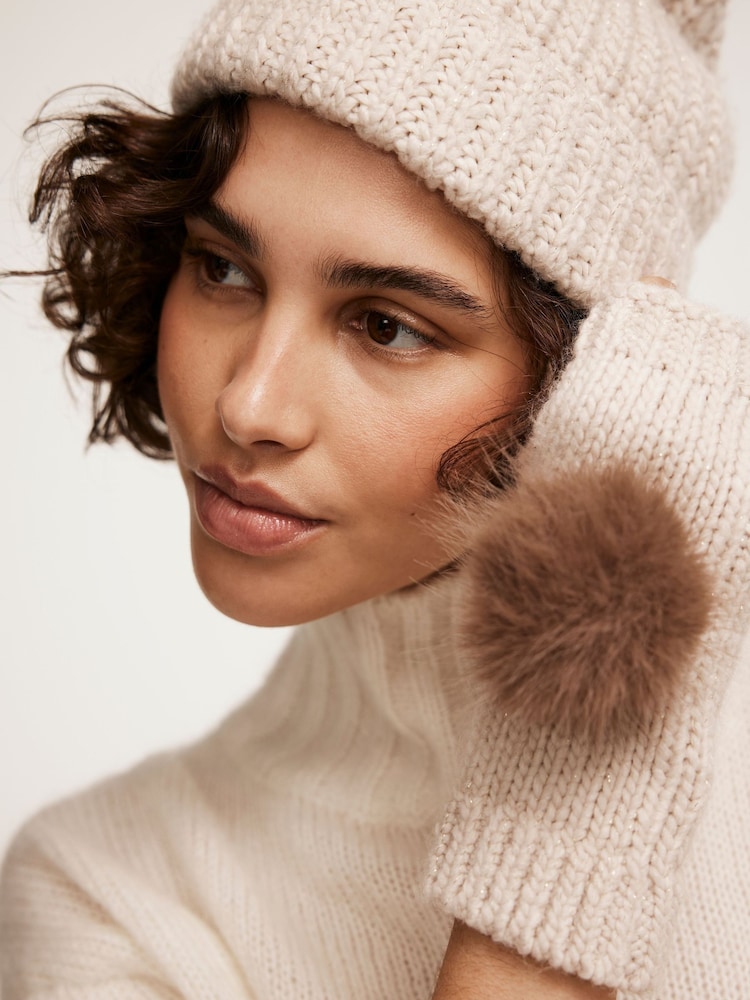 Mint Velvet Brown Knit Pom Pom Hand Warmers - Image 3 of 3
