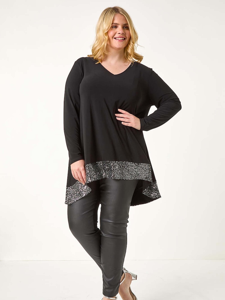 Roman Metallic Curve Sequin Hem Stretch Top - Image 1 of 5