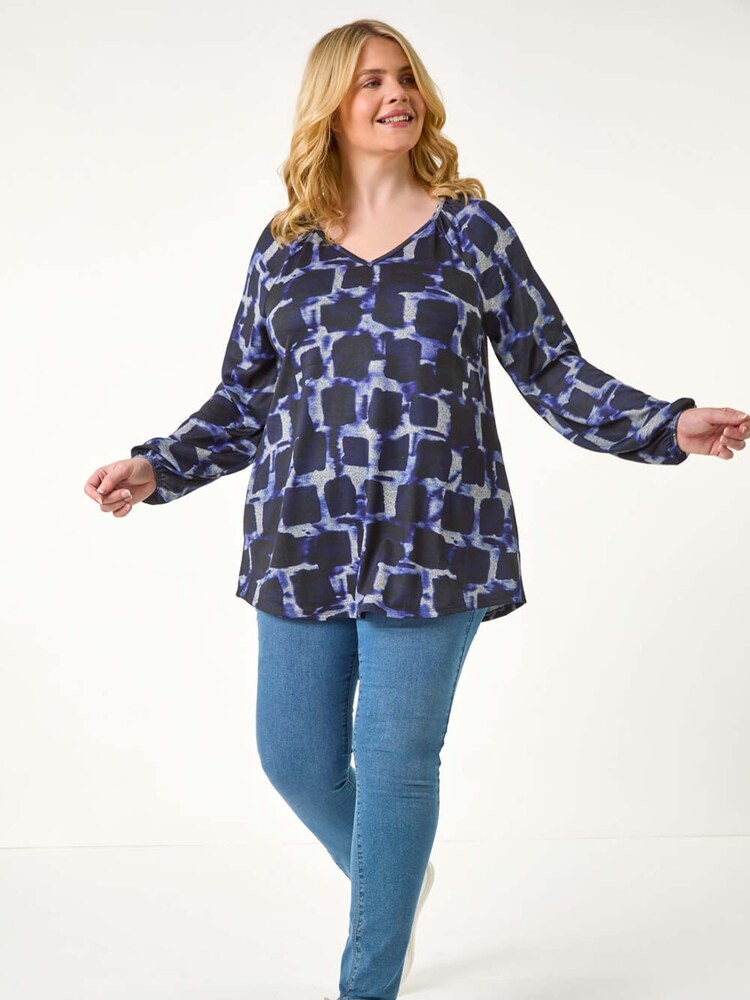 Roman Blue Curve Abstract Print Swing Stretch Top - Image 1 of 5 Roman Blue Curve Abstract Print Swing Stretch Top - Image 1 of 5