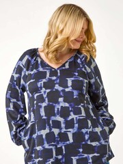 Roman Blue Curve Abstract Print Swing Stretch Top - Image 2 of 5