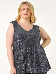 Roman Grey Curve Sequin V-Neck Stretch Vest - Image 1 of 5