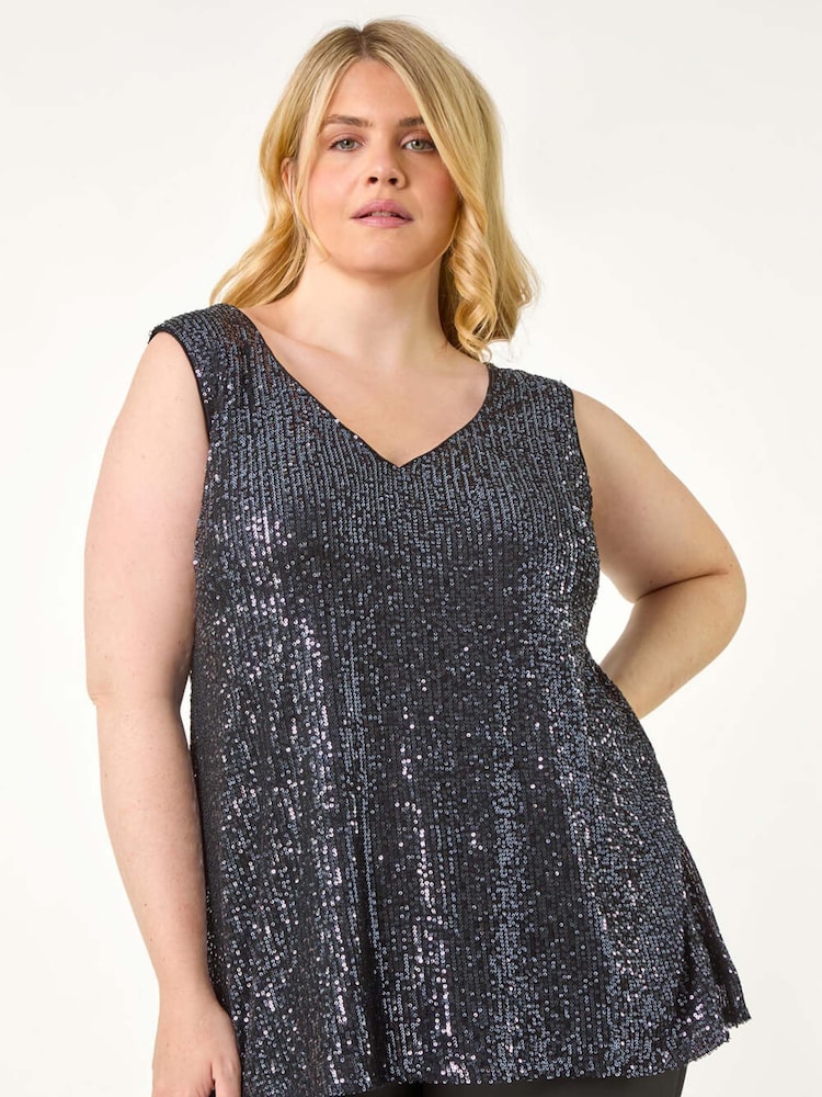 Roman Grey Curve Sequin V-Neck Stretch Vest - Image 1 of 5