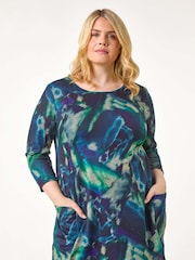 Roman Blue Curve Abstract Print Pocket Tunic Top - Image 1 of 5