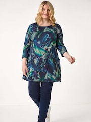 Roman Blue Curve Abstract Print Pocket Tunic Top - Image 2 of 5