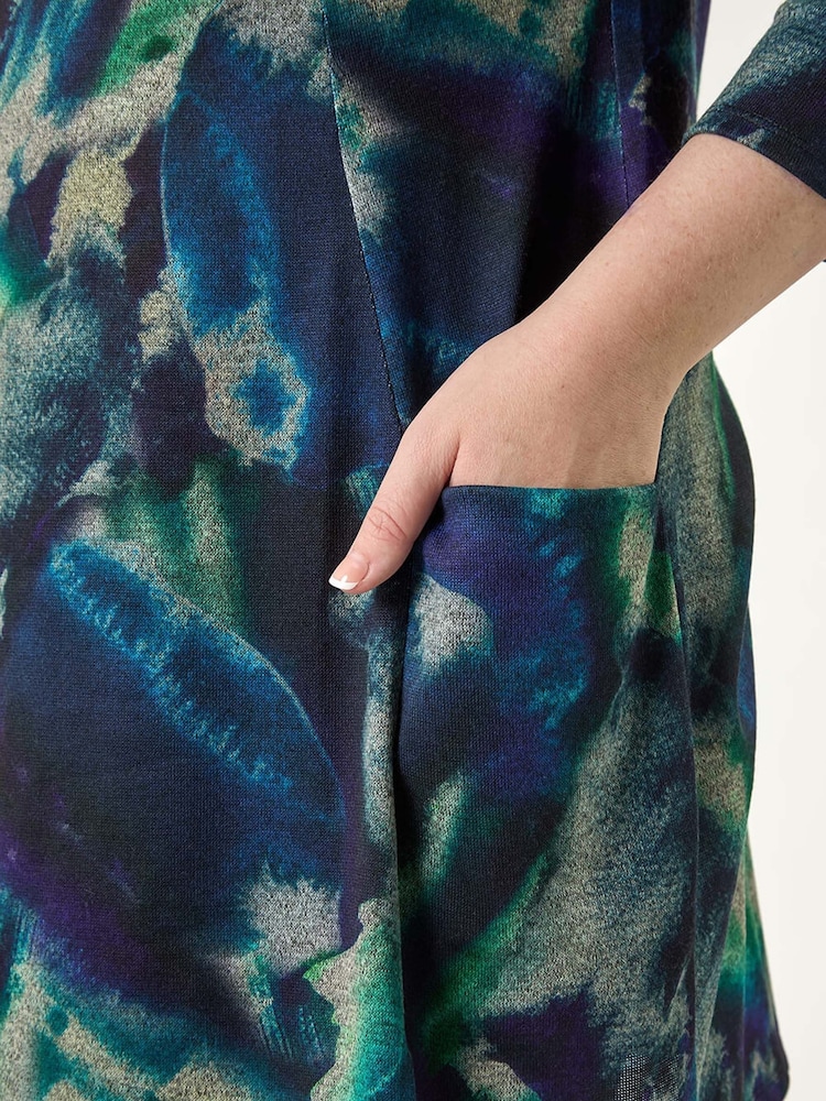 Roman Blue Curve Abstract Print Pocket Tunic Top - Image 5 of 5