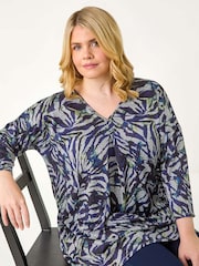 Roman Blue Curve Animal Print Pleat Front Tunics Top - Image 1 of 5