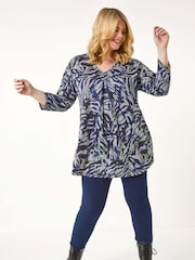 Roman Blue Curve Animal Print Pleat Front Tunics Top - Image 2 of 5
