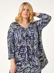 Roman Blue Curve Animal Print Pleat Front Tunics Top - Image 4 of 5