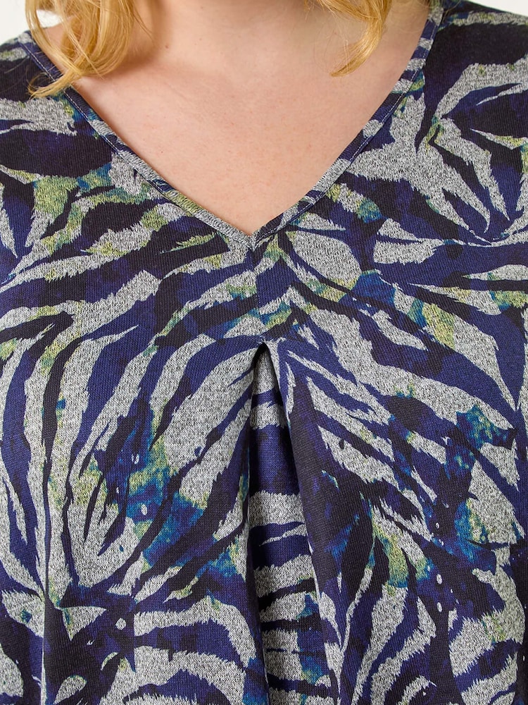 Roman Blue Curve Animal Print Pleat Front Tunics Top - Image 5 of 5