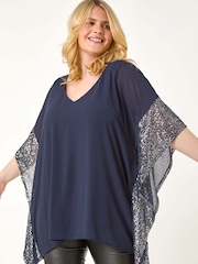 כחול  - Roman Curve Sequin Trim Overlay Top - Image 1 of 5