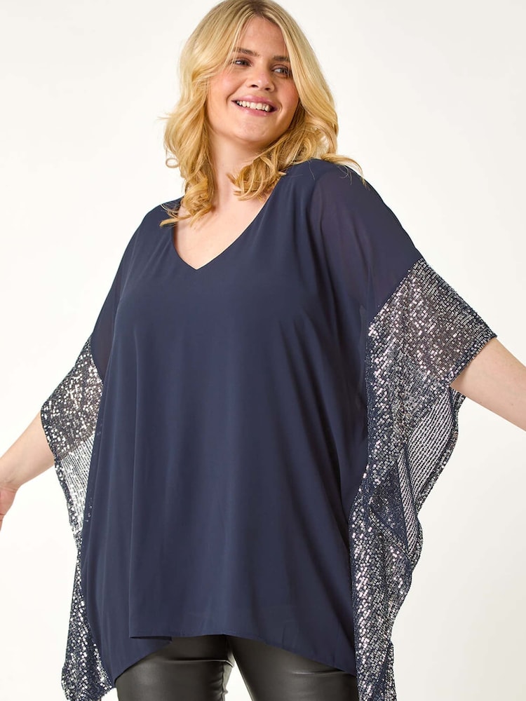 כחול  - Roman Curve Sequin Trim Overlay Top - Image 1 of 5