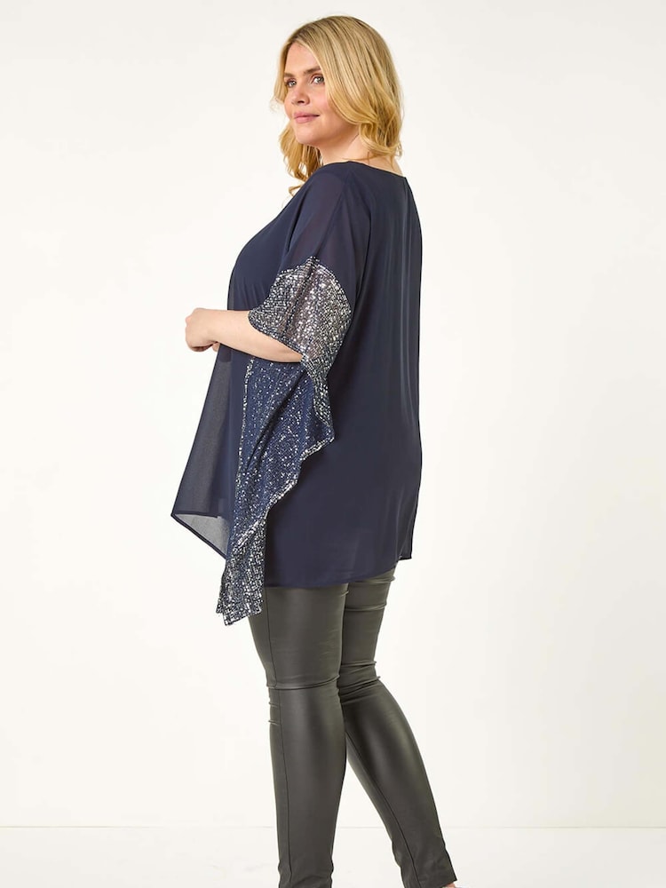 כחול  - Roman Curve Sequin Trim Overlay Top - Image 2 of 5