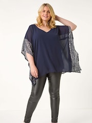 כחול  - Roman Curve Sequin Trim Overlay Top - Image 3 of 5