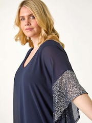 כחול  - Roman Curve Sequin Trim Overlay Top - Image 4 of 5