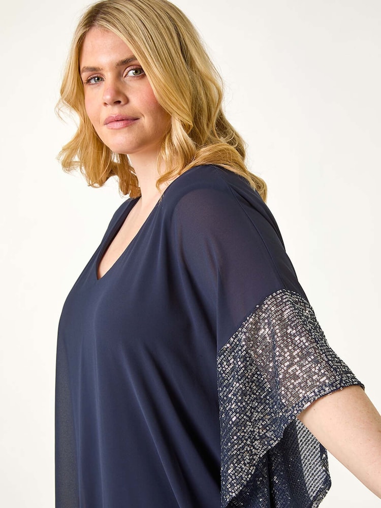 כחול  - Roman Curve Sequin Trim Overlay Top - Image 4 of 5