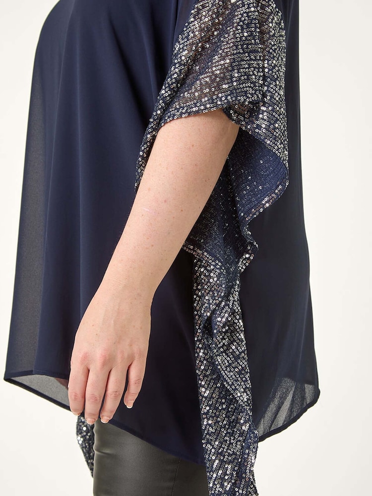 כחול  - Roman Curve Sequin Trim Overlay Top - Image 5 of 5