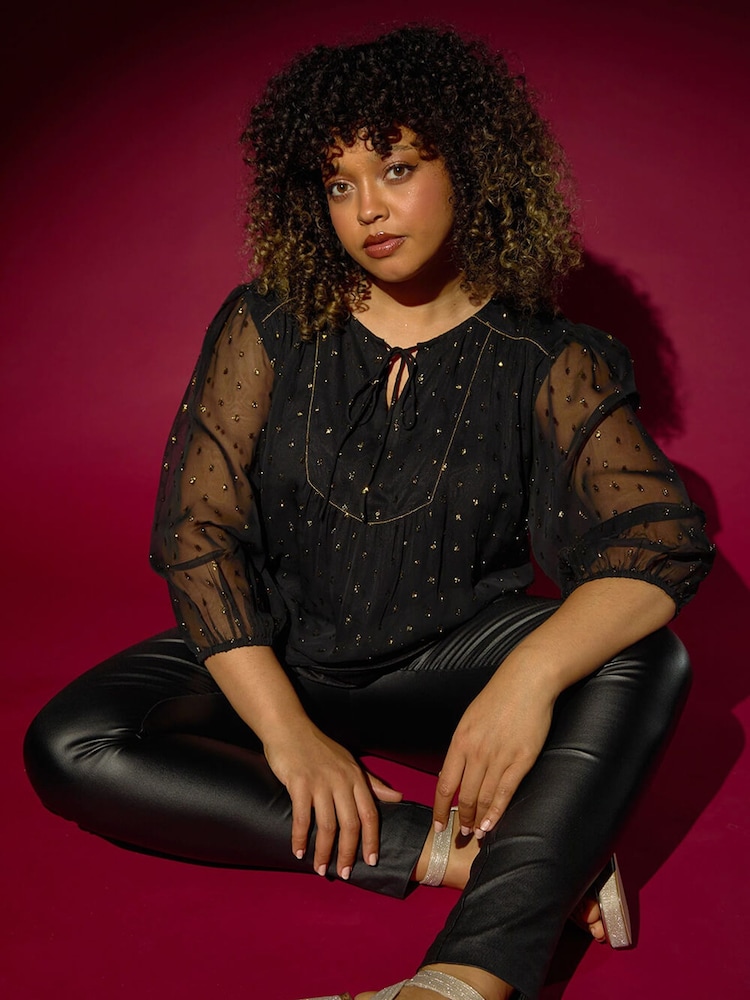 Roman Black Curve Tie Neck Metallic Top - Image 1 of 7
