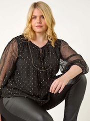 Roman Black Curve Tie Neck Metallic Top - Image 3 of 7