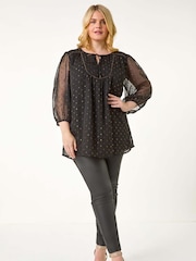 Roman Black Curve Tie Neck Metallic Top - Image 4 of 7