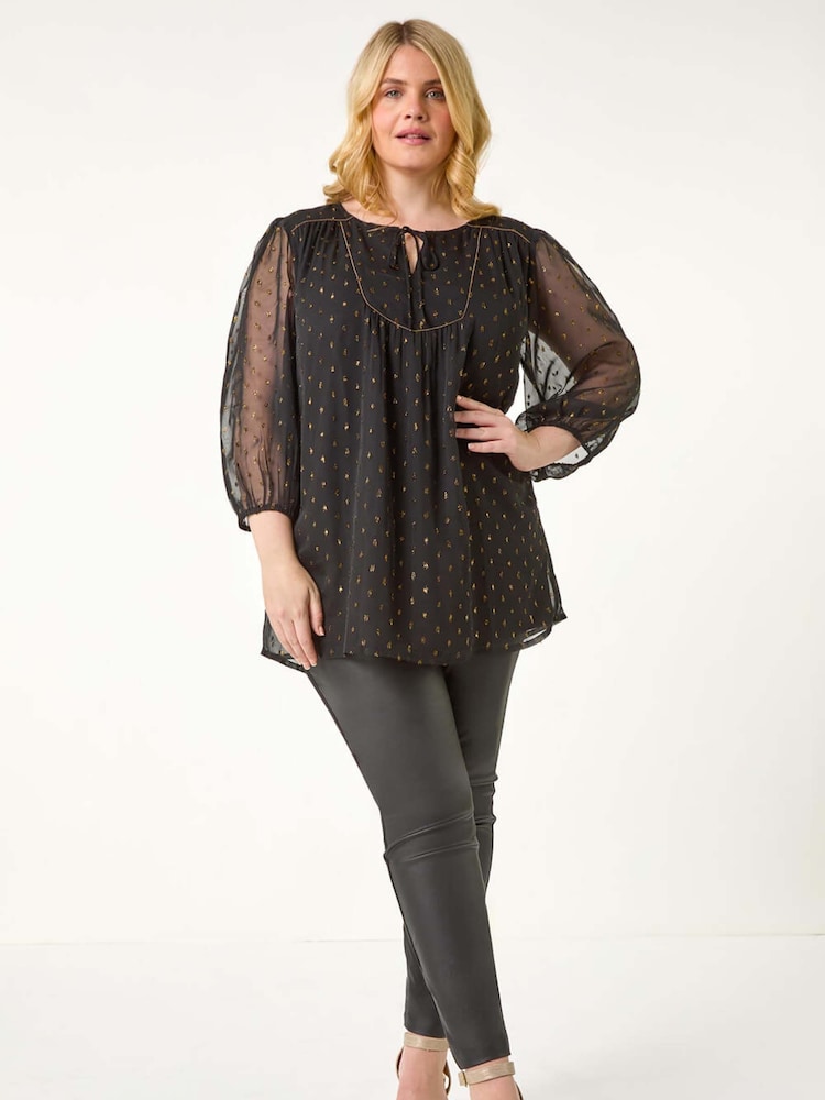 Roman Black Curve Tie Neck Metallic Top - Image 4 of 7