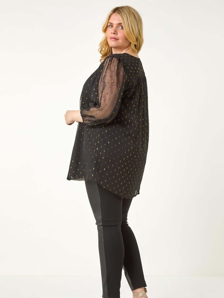 Roman Black Curve Tie Neck Metallic Top - Image 5 of 7