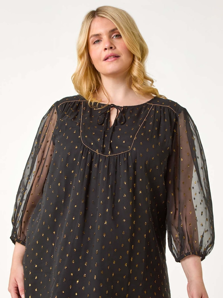Roman Black Curve Tie Neck Metallic Top - Image 6 of 7