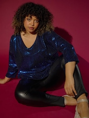 Roman Blue Curve Sparkle V-Neck Stretch Tunic Top - Image 1 of 8