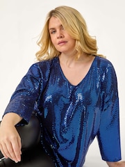 Roman Blue Curve Sparkle V-Neck Stretch Tunic Top - Image 4 of 8