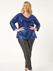 Roman Blue Curve Sparkle V-Neck Stretch Tunic Top - Image 5 of 8