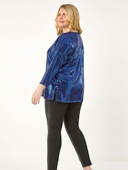Roman Blue Curve Sparkle V-Neck Stretch Tunic Top - Image 6 of 8