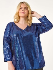 Roman Blue Curve Sparkle V-Neck Stretch Tunic Top - Image 7 of 8