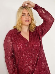 Roman Red Curve Sequin V-Neck Stretch Blouses - Image 1 of 5