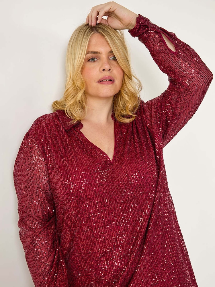 Roman Red Curve Sequin V-Neck Stretch Blouses - Image 1 of 5