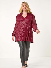 Roman Red Curve Sequin V-Neck Stretch Blouses - Image 2 of 5