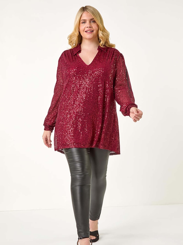 Roman Red Curve Sequin V-Neck Stretch Blouses - Image 2 of 5