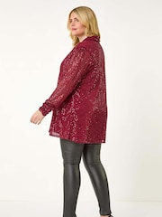 Roman Red Curve Sequin V-Neck Stretch Blouses - Image 3 of 5