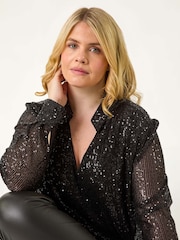 Roman Black Curve Sequin V-Neck Stretch Blouses - Image 1 of 6