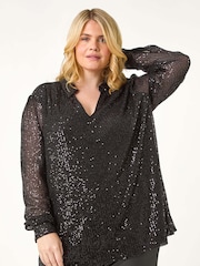 Roman Black Curve Sequin V-Neck Stretch Blouses - Image 5 of 6