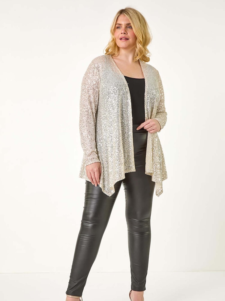Roman Metallic Curve Sequin Waterfall Front Cardigan - Image 4 of 8