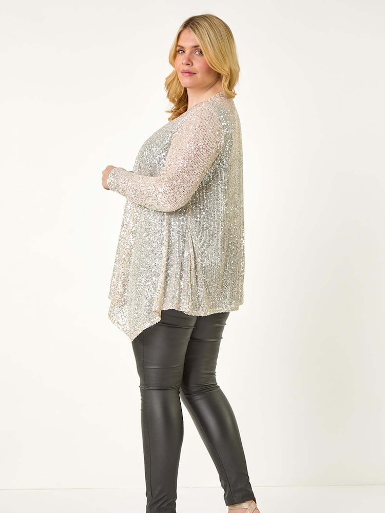 Roman Metallic Curve Sequin Waterfall Front Cardigan - Image 6 of 8