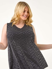 Roman Metallic Curve Sparkle Stretch Tunics Top - Image 1 of 5