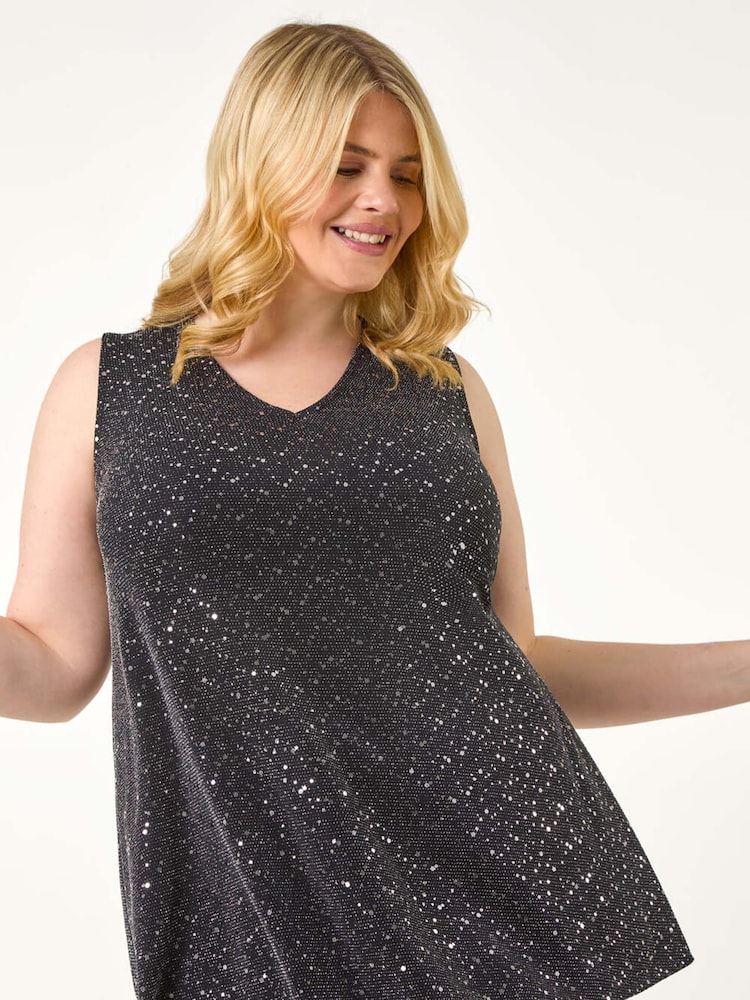 Roman Metallic Curve Sparkle Stretch Tunics Top - Image 1 of 5