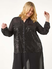 Roman Black Curve Sequin V-Neck Chiffon Blouse - Image 1 of 6