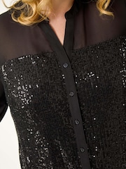 Roman Black Curve Sequin V-Neck Chiffon Blouse - Image 3 of 6