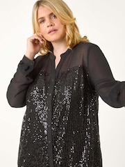 Roman Black Curve Sequin V-Neck Chiffon Blouse - Image 4 of 6