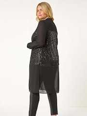 Roman Black Curve Sequin V-Neck Chiffon Blouse - Image 5 of 6