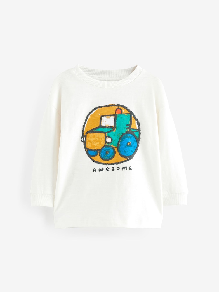 White Tractor 100% Cotton Long Sleeve Transport T-Shirt (3mths-7yrs) - Image 1 of 1