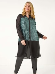 Roman Green Curve Sequin V-Neck Chiffon Blouse - Image 1 of 5